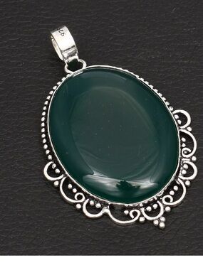 New! 925 Sterling Silver Overlay Dark Green Onyx  Oval Pendant Necklace